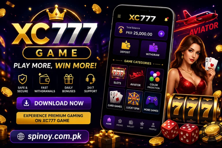 XC777 Game promotional banner featuring an Android gaming app interface with slots, Aviator, card games, daily bonuses, secure payments,