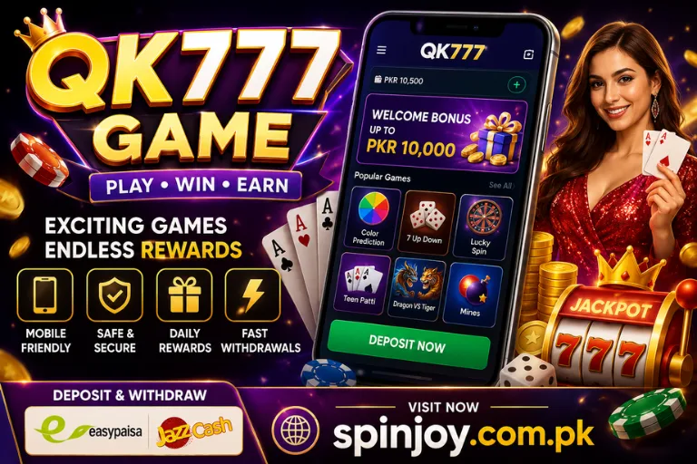 QK777 Game promotional banner featuring a mobile casino app interface, casino chips, playing cards, jackpot slot machine, Easypaisa and JazzCash payment options, and the website SpinJoy.com.pk.