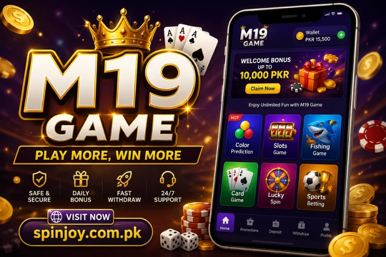 M19 Game promotional banner featuring a mobile gaming interface, casino-style games, coins, cards, and the SpinJoy.com.pk branding.