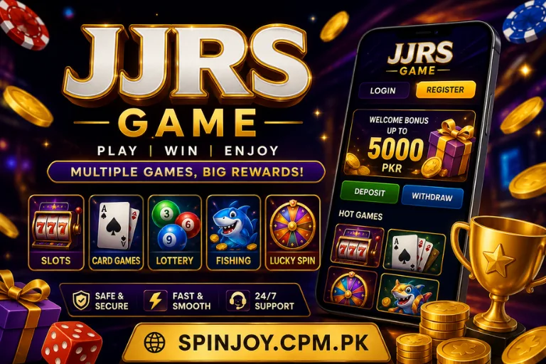JJRS Game promotional banner showing a mobile gaming app with slots, card games, lottery, fishing, welcome bonus.