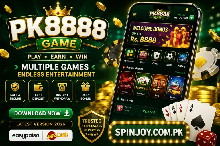 PK8888 Game promotional banner featuring a smartphone displaying the gaming app interface, gold coins, casino chips, playing cards, welcome bonus, multiple game categories, JazzCash and Easypaisa payment options, with a Download Now button.