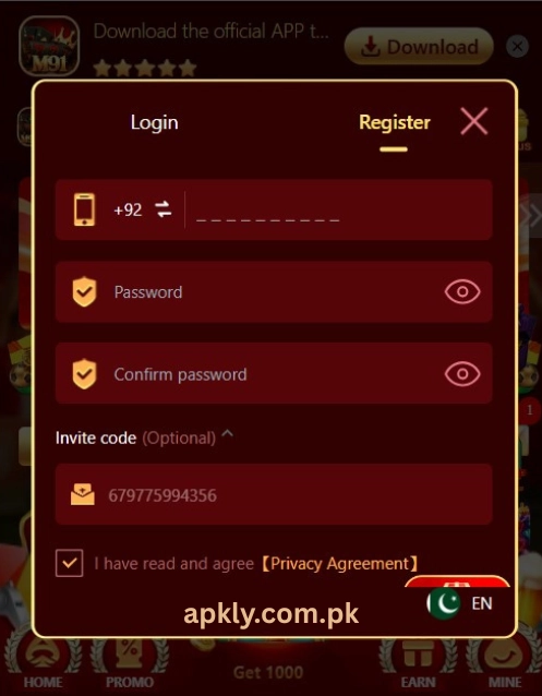 M91 Game registration page showing mobile number signup, password creation, invite code field, and account registration form.