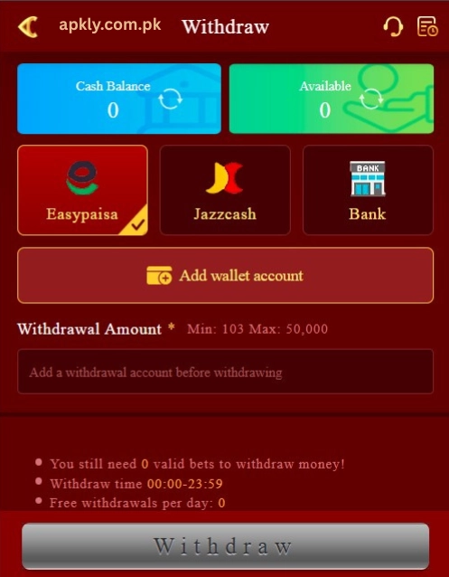 M91 Game withdrawal page showing Easypaisa, JazzCash, bank withdrawal options, wallet account setup, and cash withdrawal interface.