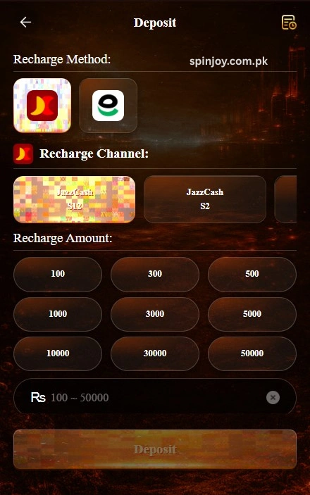 33RS Game deposit screen with JazzCash & easypaisa payment with recharge options.