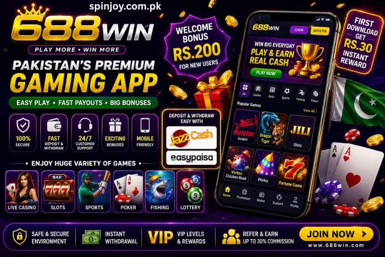 688 Win Game APK download banner with Aviator, Dragon Tiger, live casino, slots, secure payments, and welcome bonus for Pakistan.