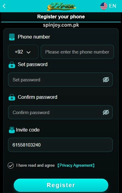 77PKR Game registration page showing phone number signup form, password creation, invite code field, and account registration screen for the 77PKR Game APK.