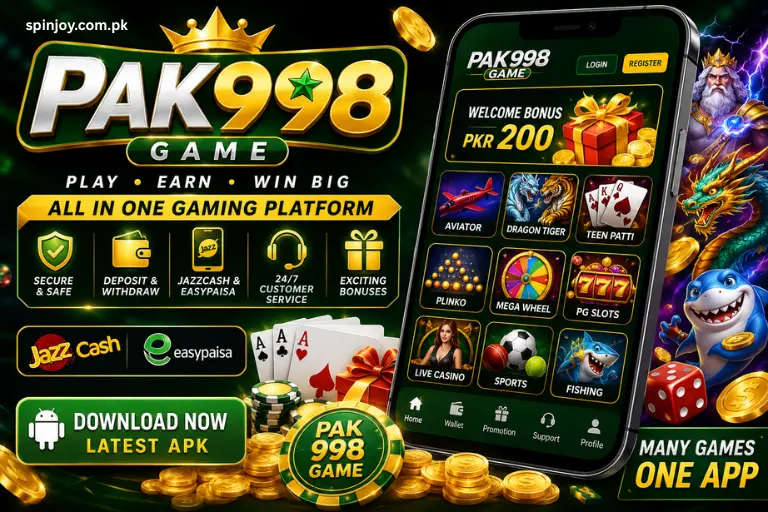 Pak998 Game promotional banner showing APK download, mobile gaming interface, JazzCash and Easypaisa support, multiple casino-style games, and welcome bonus for Pakistani users.