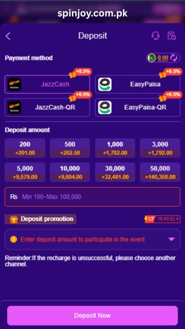 XC777 Game deposit screen showing JazzCash, Easypaisa, QR payment options, selectable deposit amounts, promotional bonus offers, and a Deposit Now button.