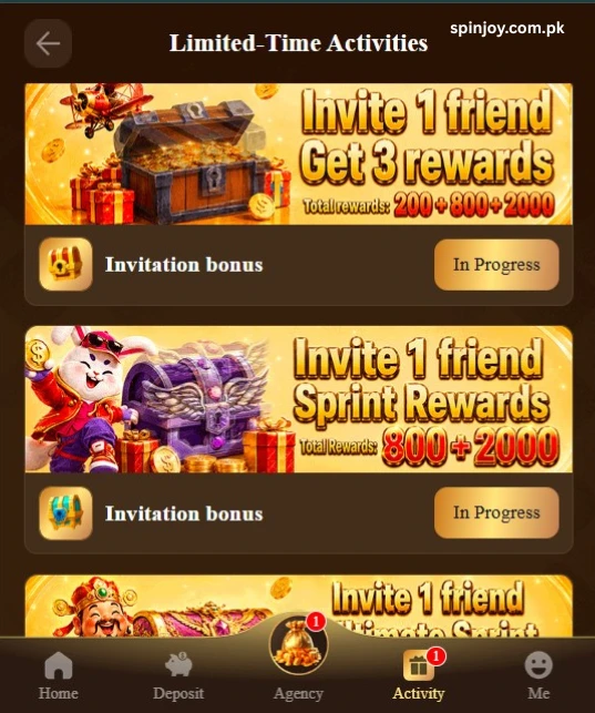 JJRS Game activity page displaying limited-time invitation bonus events, referral reward offers, promotional banners, and navigation menu for users.