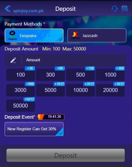 PAK3 Game deposit screen showing Easypaisa and JazzCash payment options, selectable deposit amounts from PKR 100 to PKR 50,000, a 30% new user deposit bonus, and a secure deposit interface.