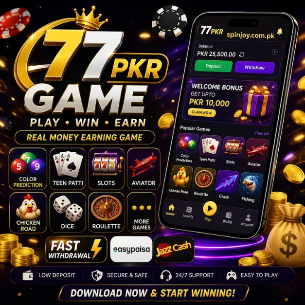 77PKR Game download APK latest version 2026 promotional banner showing casino games, color prediction, Teen Patti, slots, Aviator, JazzCash, Easypaisa, and fast withdrawal features.