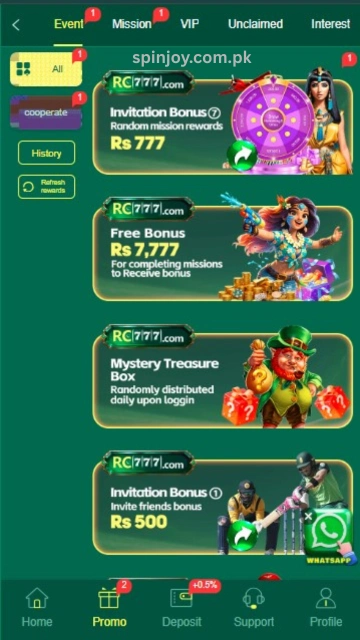 RC777 Game app bonus page with invitation rewards, free bonus offers, and gaming promotions.