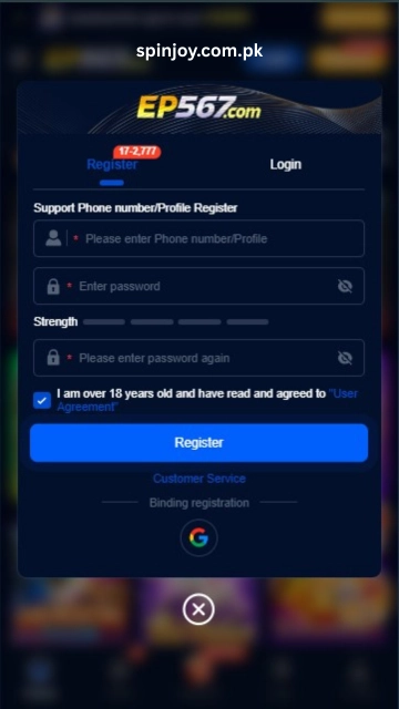 EP567 Game registration screen displaying the sign-up form with Pakistan mobile number input, password fields, and register button for creating a new account.