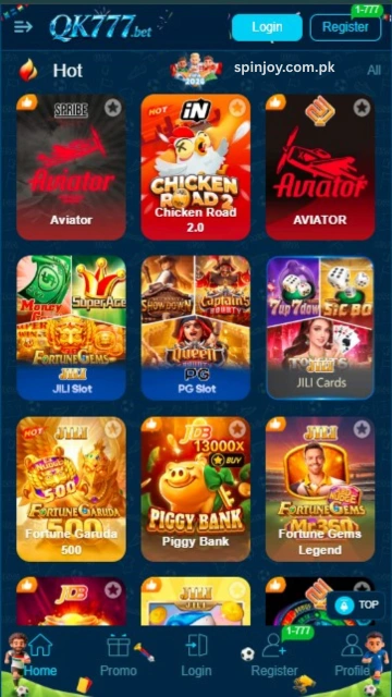 QK777 Game home screen showing Aviator, Chicken Road, slots, card games, and casino game categories.