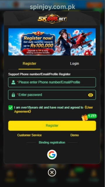 SK888 Game registration screen displaying the sign-up form with Pakistan mobile number input, password fields, and register button for creating a new account.