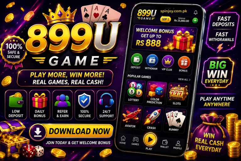899U Game APK banner with smartphone interface, welcome bonus, slot games, and real cash rewards.