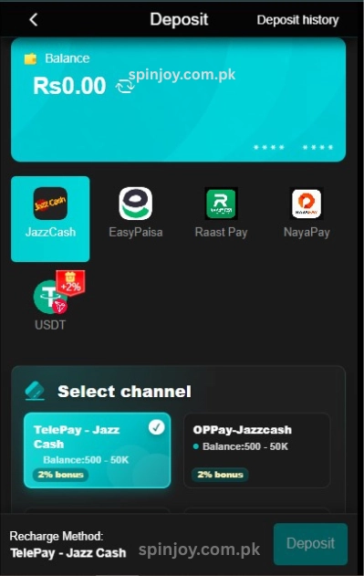 77PKR Game deposit page displaying JazzCash, Easypaisa, Raast Pay, NayaPay, and USDT payment options with secure recharge channels for quick deposits in Pakistan.