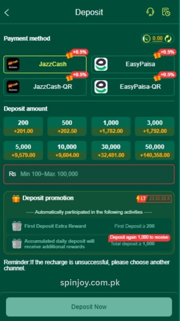 RC777 Game deposit page with JazzCash, EasyPaisa payment options and bonus rewards.