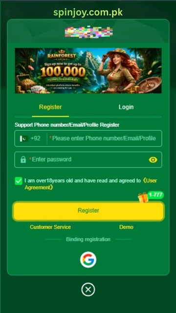 PAK998 Game registration screen displaying the sign-up form with Pakistan mobile number input, password fields, and register button for creating a new account.