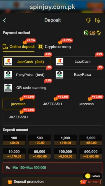 SK888 Game deposit page showing JazzCash & easypaisa payment option, recharge amount selection, and secure deposit interface for Pakistani players.