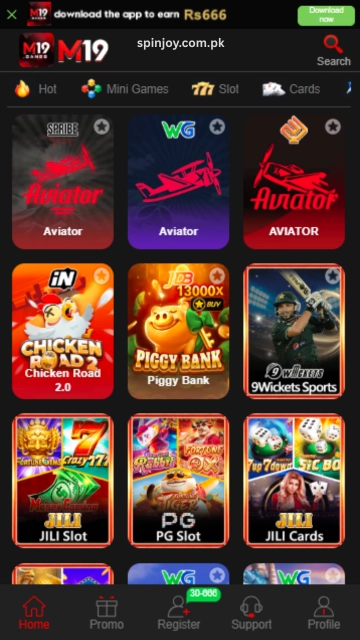 M19 Game app home screen showing Aviator, Chicken Road, Piggy Bank, 9Wickets Sports, JILI Slots, PG Slots, and other casino-style games