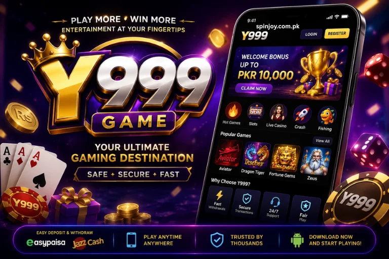 Y999 Game online gaming app with smartphone, casino games, gold coins, and Easypaisa & JazzCash payment options.