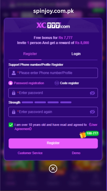 XC777 Game registration screen displaying phone number signup, password creation, referral code field, age confirmation checkbox, and register button