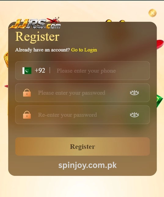 Registration page of the JJRS Game app showing phone number input, password fields, account creation form, and a Register button for new users.