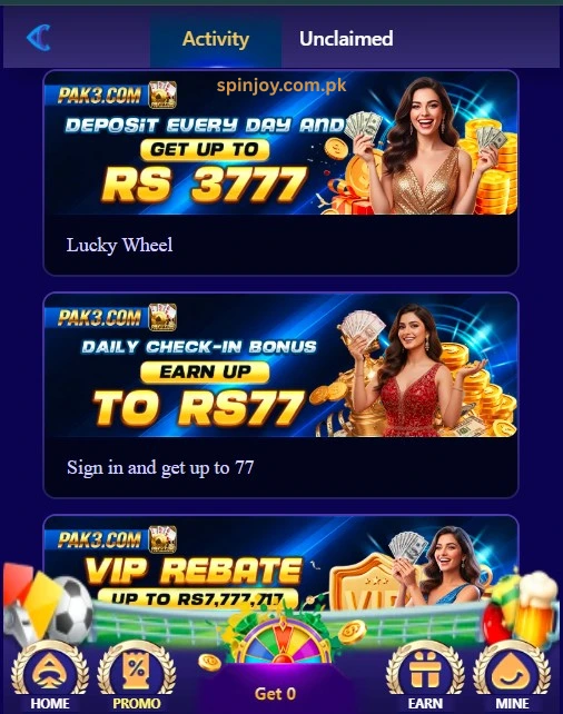 PAK3 Game activity page displaying promotional offers, including daily deposit rewards, check-in bonus, VIP rebate, Lucky Wheel, and navigation menu for promotions, rewards, and account features.