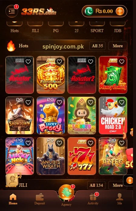 33RS Game home screen showing multiple casino-style games including Aviator, Fortune Gems, Lucky Piggy, Chicken Road, Anubis Wrath, Lucky Neko, and 777 slots with deposit, wallet, and navigation options for Pakistani players.