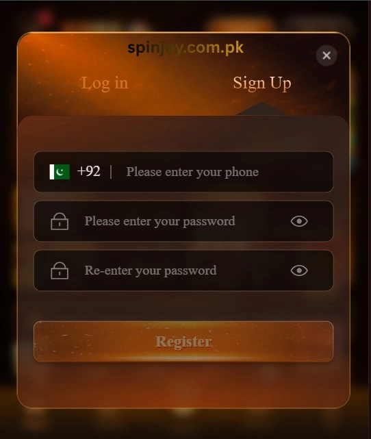 33RS Game registration screen displaying the sign-up form with Pakistan mobile number input, password fields, and register button for creating a new account.