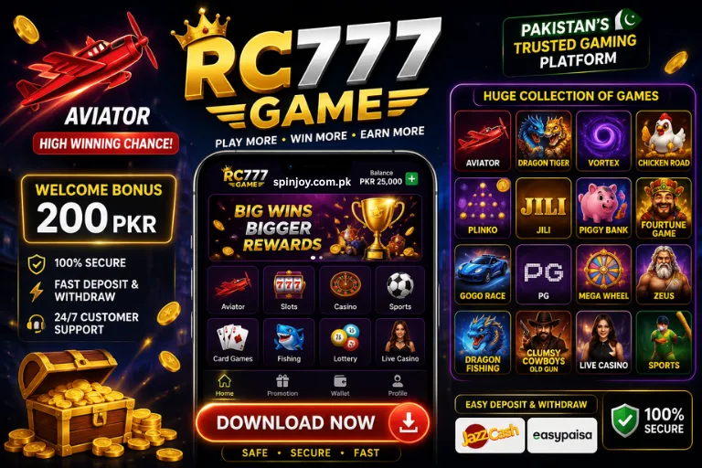 RC777 Game APK promotional banner featuring Aviator, casino, slots, dragon tiger, rummy, sports, and other online games with download button, welcome bonus, secure payment options, and gaming features in Pakistan.