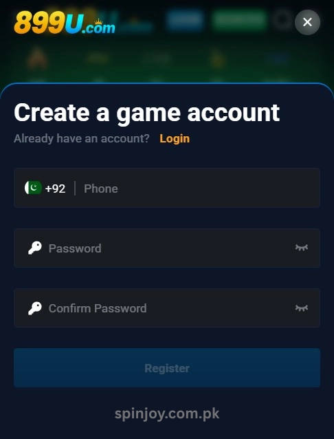 899U Game APK registration screen with mobile number input, password fields, register button, and login link for new users in Pakistan.