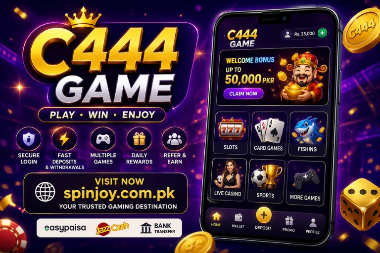 C444 Game promotional banner showing a mobile gaming app interface with welcome bonus, slots, card games, fishing, live casino, sports, secure login, fast deposits and withdrawals.