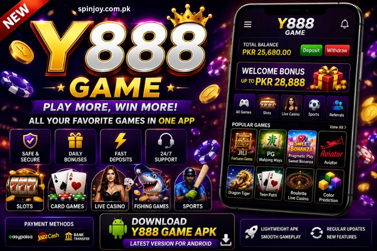 Y888 Game promotional image featuring a mobile gaming app, slots, live casino, card games, sports, fishing games, bonuses, referrals, payment methods, and Android APK download.