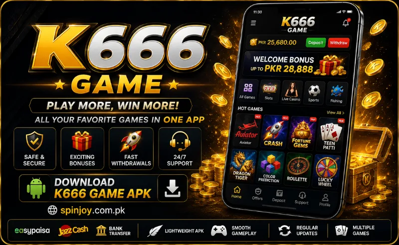 : K666 Game Android APK banner featuring a gold-and-black gaming design, smartphone dashboard, popular game icons, welcome offer and download button,