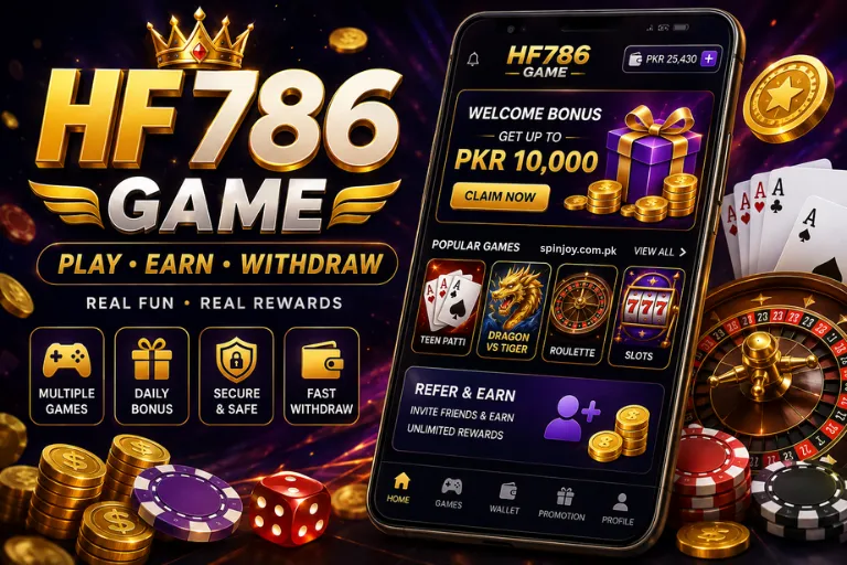 HF786 Game promotional banner featuring a mobile gaming interface with welcome bonus, casino-style games, gold coins, playing cards, roulette wheel, poker chips, and fast withdrawal highlights on a dark purple background.