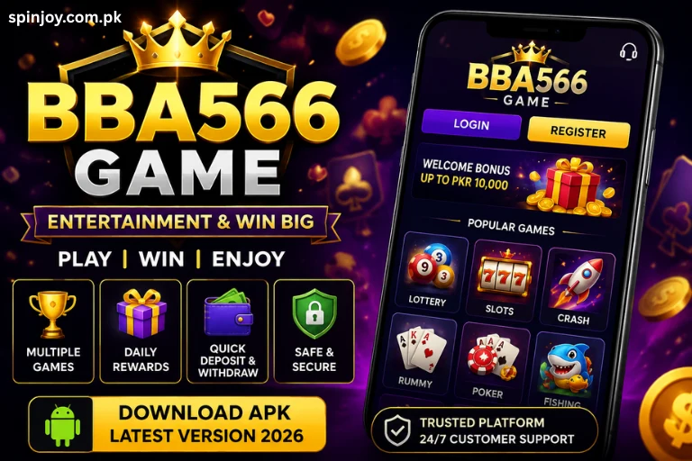 BBA566 Game Download APK Latest Version 2026 promotional banner showing the BBA566 app interface with multiple games, daily rewards, secure login, quick deposit and withdrawal, and entertainment features for Android users in Pakistan.